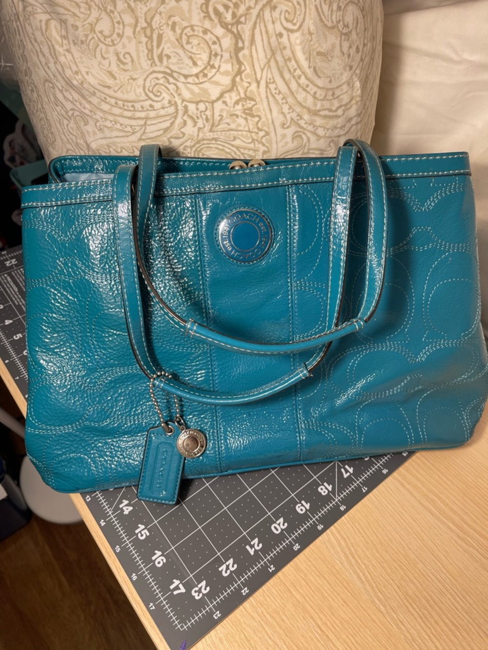 Coach Teal Pebbled Leather Tote with Signature Stitching